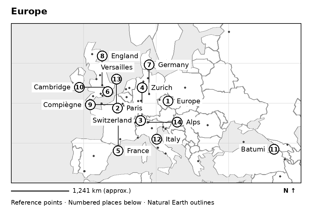 Map of Europe with numbered place references