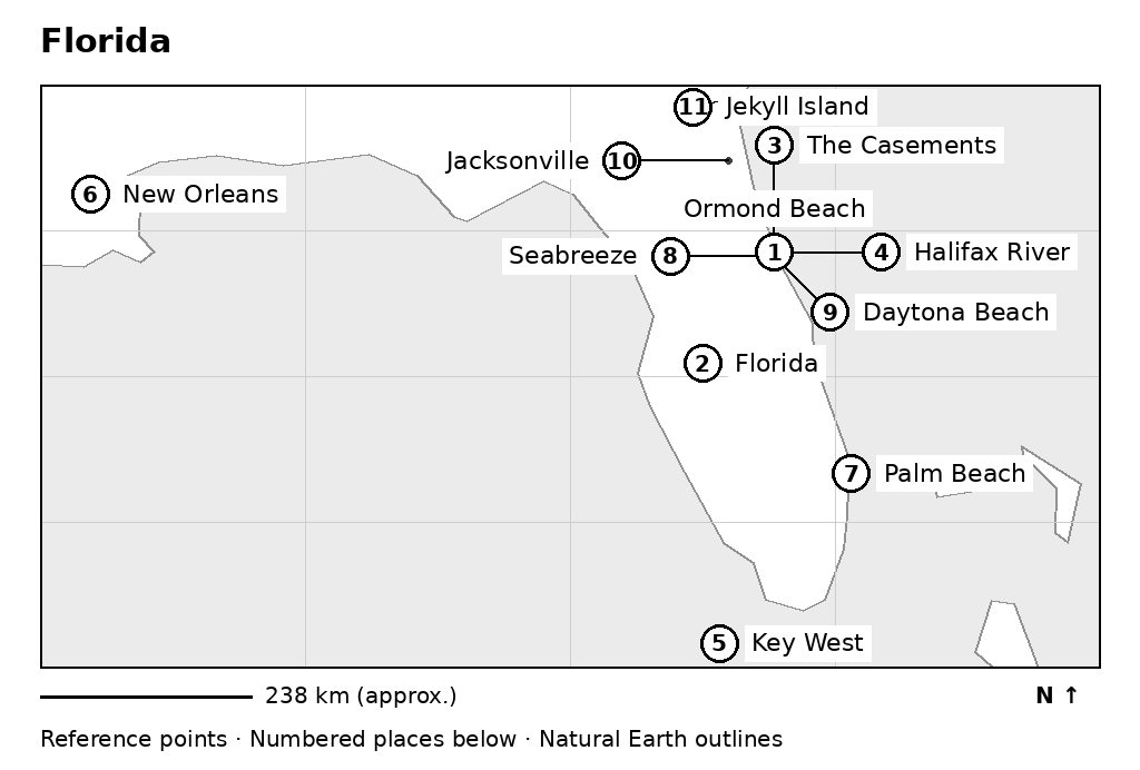 Map of Florida with numbered place references