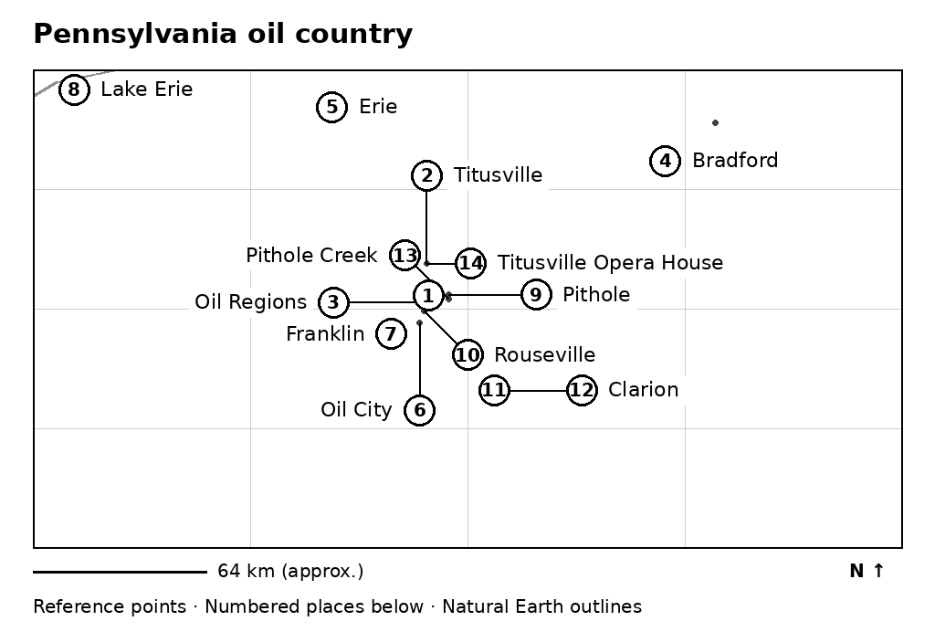 Map of Pennsylvania oil country with numbered place references